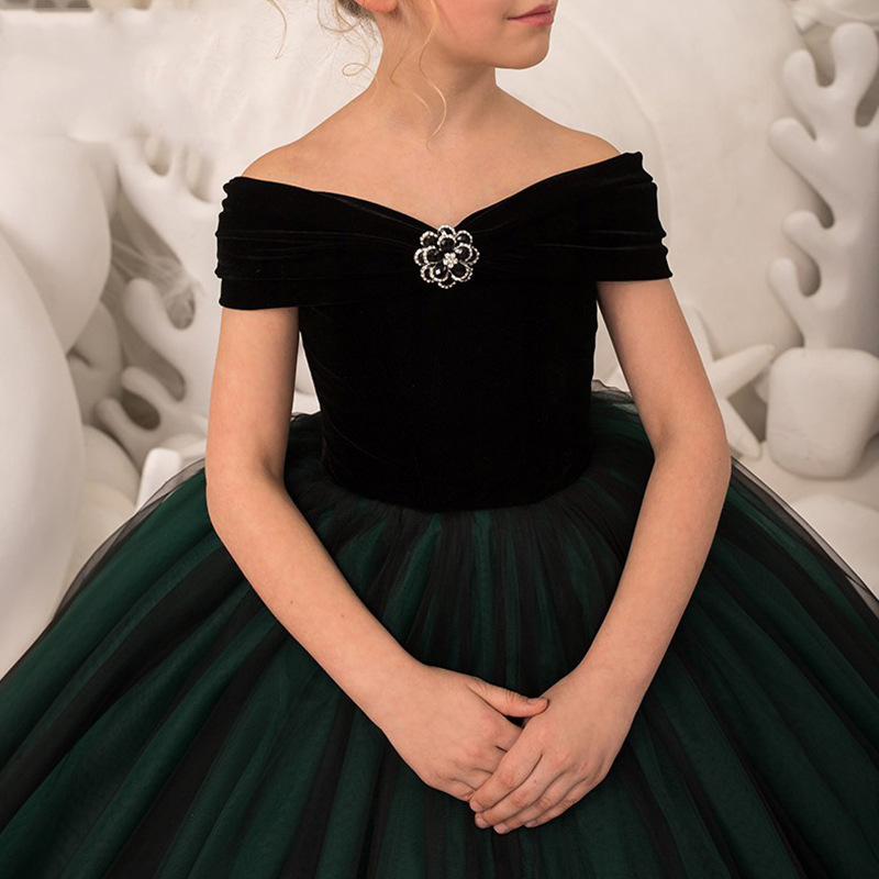 Kids Dresses Girl Elegant Long Prom Green Tulle New Children Graduation Dress Teen Wedding Bridesmaid Robe First Holy Communion Gowns 403
