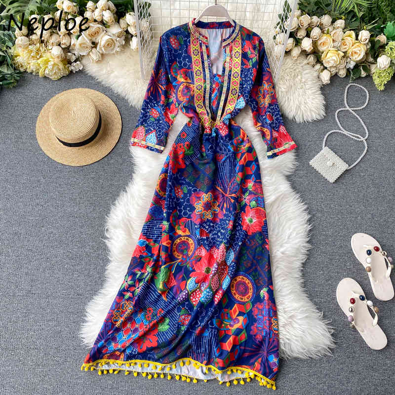 Chic Print Pattern Slim Waist Dress O-neck Tassel Patchwork Femme Vestidos Autumn Fashion A-line Dresses Women 210422Z