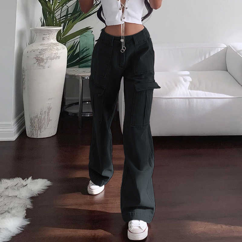 Rockmore Brown Vintage Baggy Jeans Women High Waist Pocket Cargo Pants 90s Streetwear Straight Trousers Harajuku Summer 210922