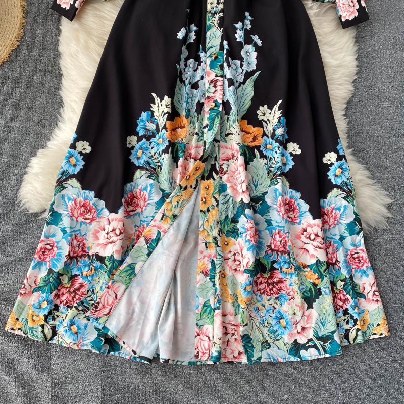 Spring Autumn Retro Print Maxi Dress For Women Korean Turn-down Collar Puff Sleeve A-line Dresses Bohemian Streetwear 210428