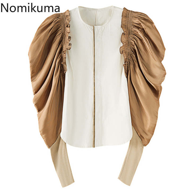 Nomikuma Women Blouse Puff Sleeve Hit Color Patchwork Shirt Korean O-neck Slim Tops Spring New Blusas Mujer De Moda 6F423 210427