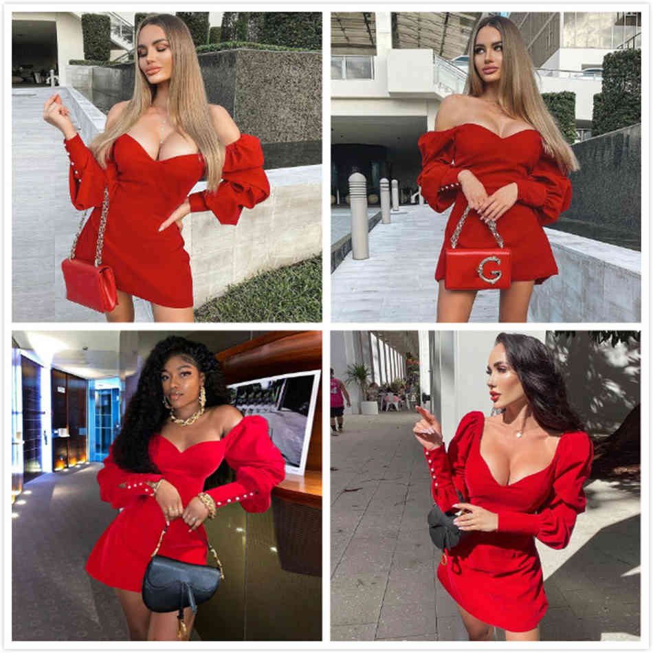 Free Velvet Dress Women Sexy V-neck Bubble Long Sleeve Burgundy A-line Mini Celebrity Club Party Vestido 210524
