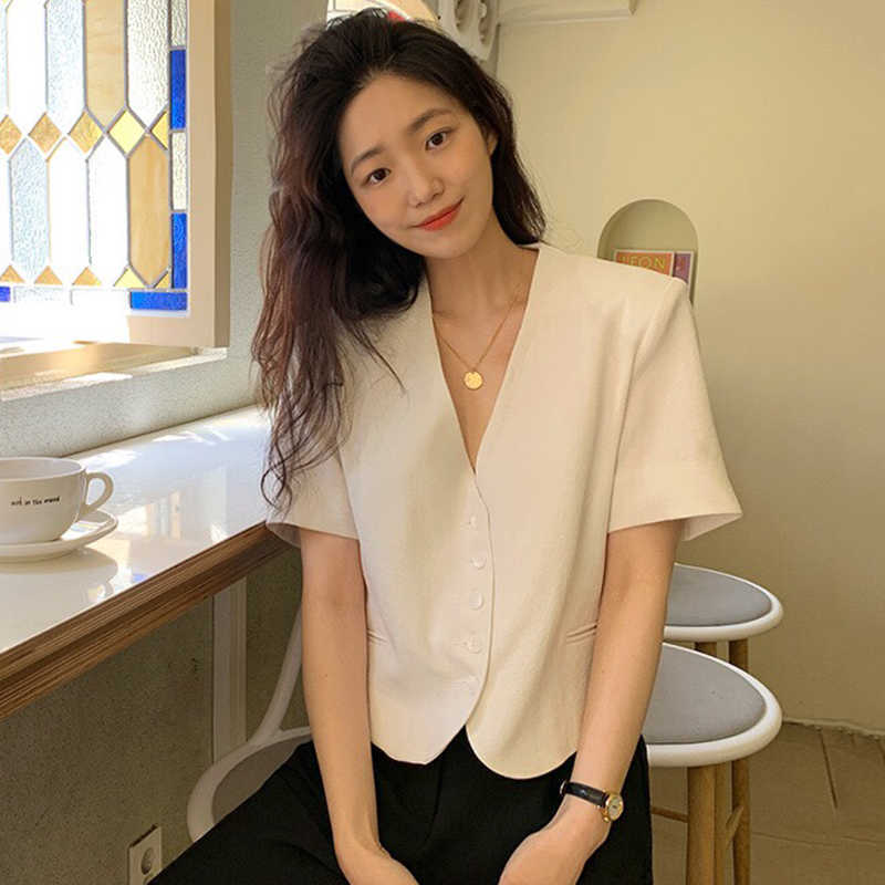Korejpaa Women Shirt Korean Fashion Chic Summer Simple V-neck Single-line Buckle Loose Casual Short-sleeved Blouse Top 210526