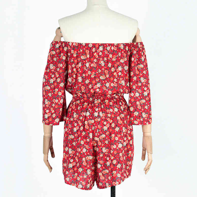 Foridol Boho Summer Rompers Women Jumpsuit Floral Print Off Shoulder Playsuit Casual Wide Leg Beach Rompers Red Overalls 210415
