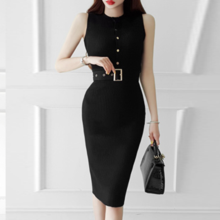 Elegant Slim Simple Stretch Knitting Dress Summer Women's es Sleeveless Single Breasted Belt Pencil 210506