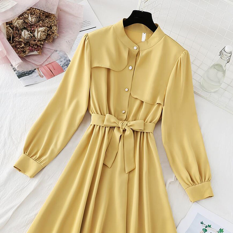 Solid Color Elegant Dress Women O-Neck Long Sleeve Buttons Bandage Dresses Spring A-line Office Ladies Midi Dress Vestido 210521