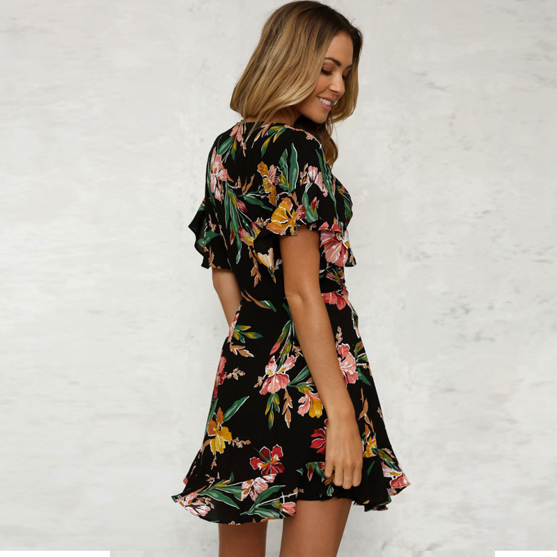 Women Boho Short Mini Dress Summer Floral Printed V-Neck Bow Knot Beachwear Sundress Ladies Short Sleeve Ruffles Loose Vestidos 210419