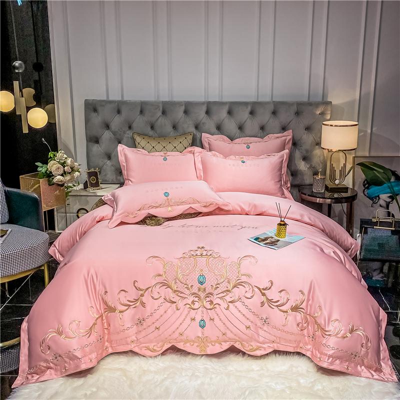 Luxury White Satin Silk Cotton Bedding Set Soft Silky Gold Embroidery Duvet Cover Flat/Fitted Sheet Pillowcases Home Textiles Sets
