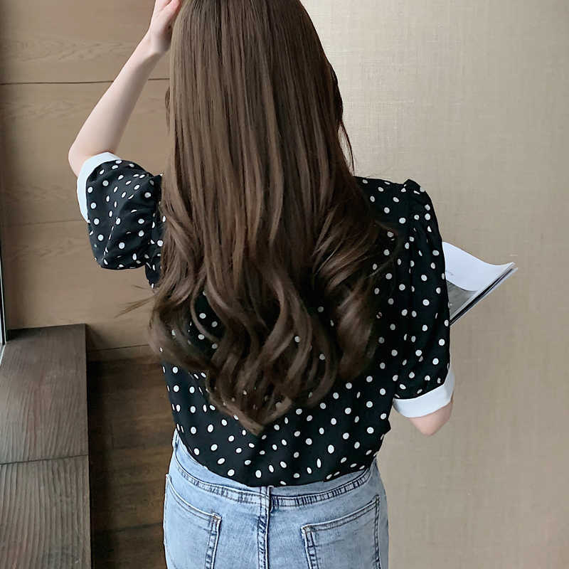 Polka Dot Chiffon Shirt Women Summer Fashion V-Neck Korean Elegant Slim Black Plus Size Top Blouse Ladies 210601