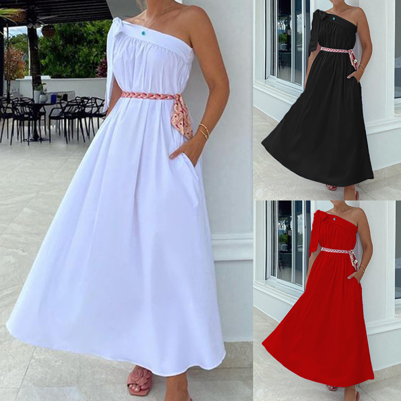 Women Dress Asymmetry Off Shoulder Sleeveless Shirt Dresses Plus Size Loose Casual Long Beach 210524
