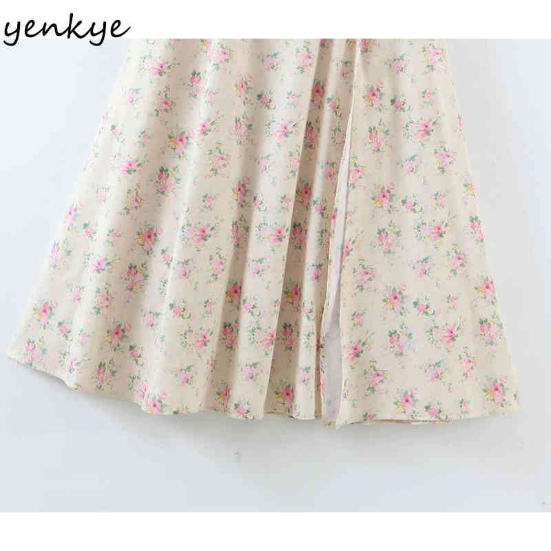 Summer Dress Women Vintage Floral Print Elegant Long Maxi Femme Square Neck Puff Sleeve A-line Sexy Slits Robe 210430