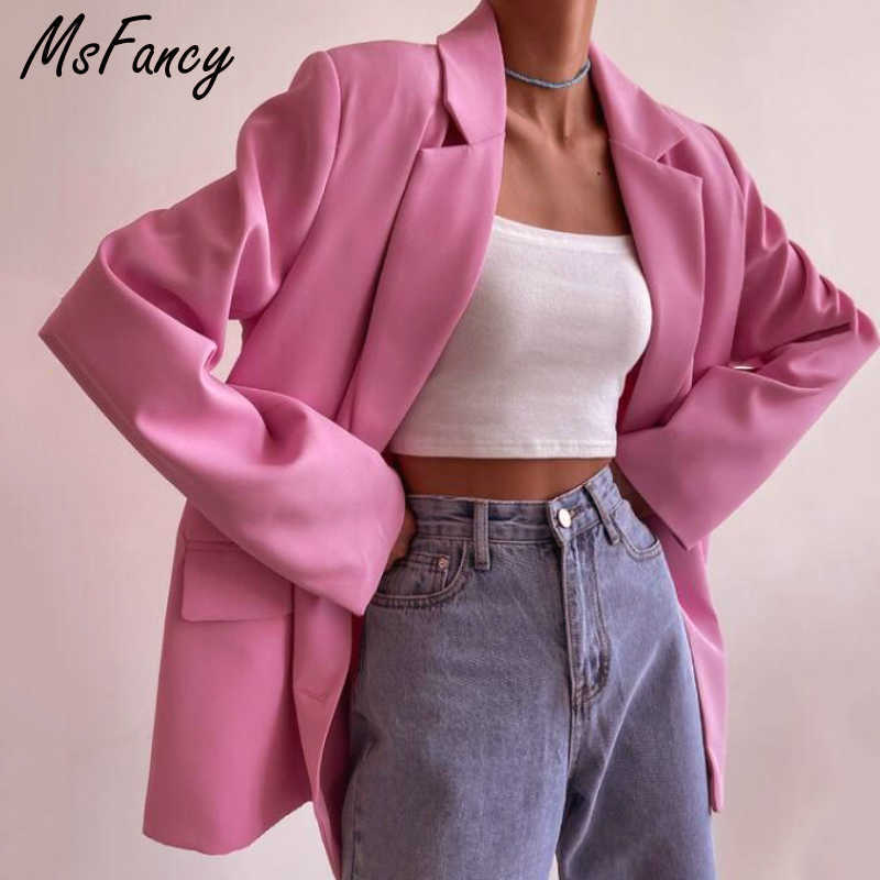 Msfancy Pink Blazer Women Long Sleeve Double Breasted Elegant Tailleur Femme Vintage Suit 210930