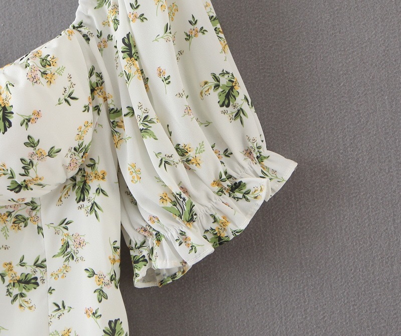 France Style Vintage Bandage Bow Square Collar Puff Sleeve Floral Women Dress Retro Slim Package Hips Mini Short Dresses Holiday 210429