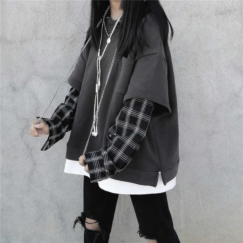 Deeptown Striped Sweatshirt for Women Black Gothic Style Hoodie Patchwork Grunge Long Sleeve Plaid Pullovers Korean Fashion 210910