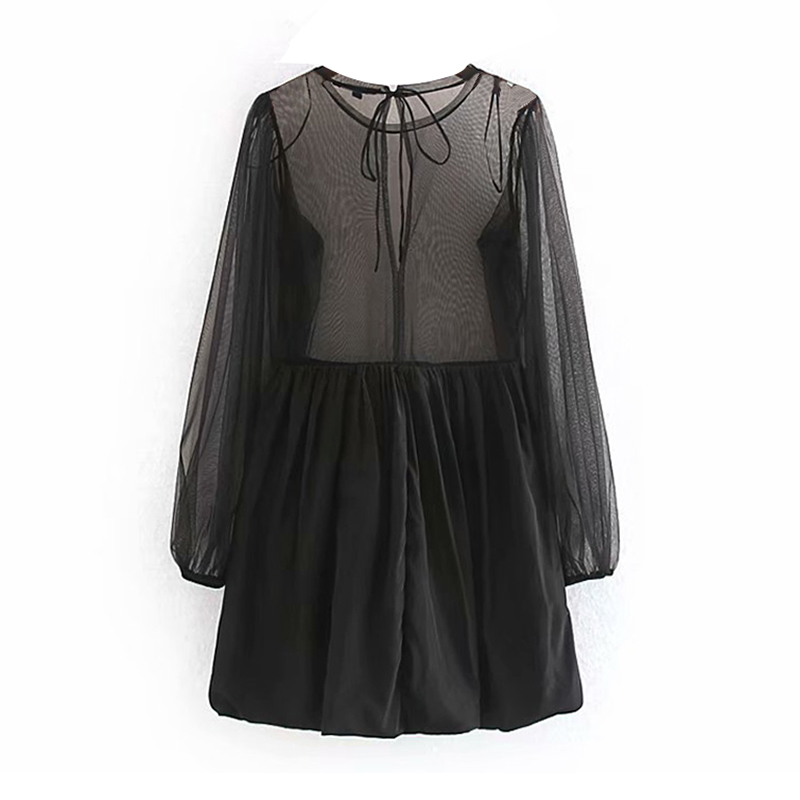 Women Black Mesh Patchwork Dress Transparent Lantern Long Sleeve Chic Mini Lady O Neck Bow Stylish Holiday Female 210515