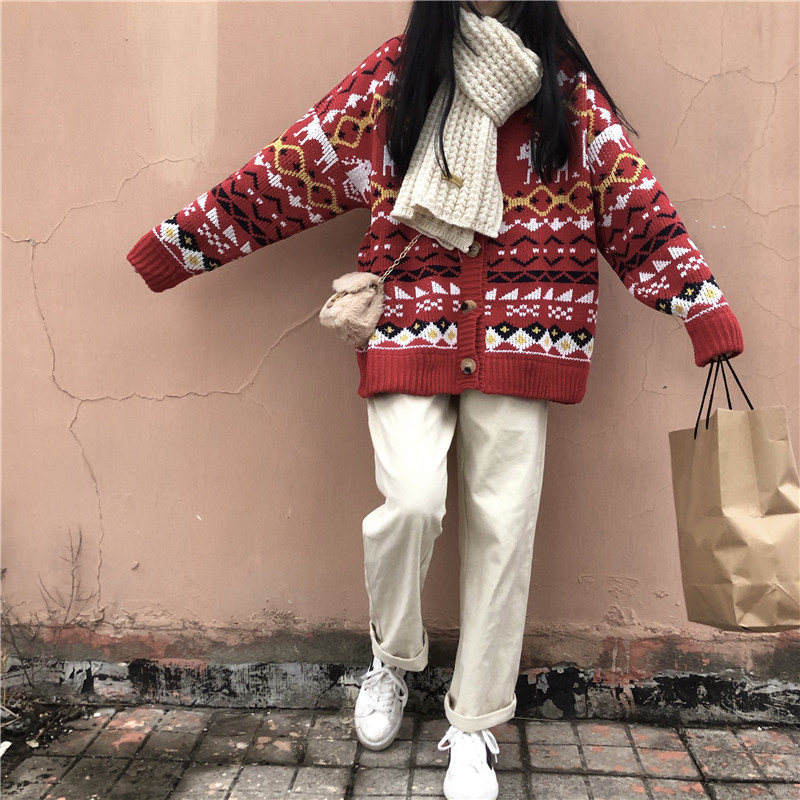 Kawaii Sweet Autumn Sweater Female Cardigan Loose Knit Coat Cute Cartoon Print V Neck Jumper Jacket Damski 210422