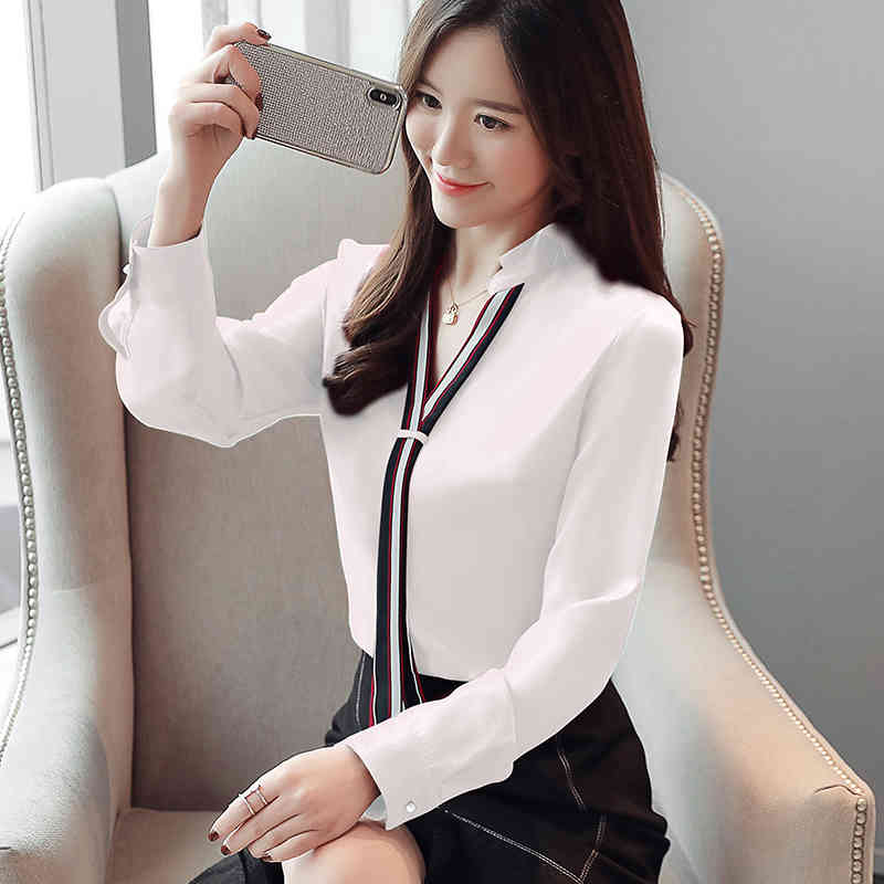 Fashion Stand Collar Pullover Blouse Women Tops Chiffon Office Lady Long Sleeve White Red Women's Shirt Blusas Mujer 6469 50 210506