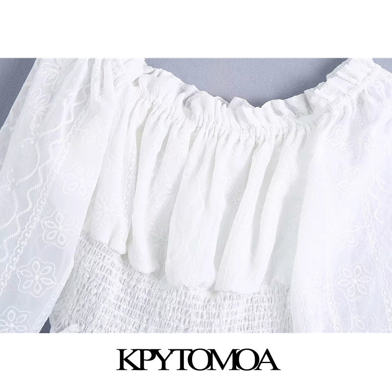 Women Sweet Fashion Embroidery Organza Cropped Blouses Long Sleeve Elastic Hem Female Shirts Chic Tops 210420