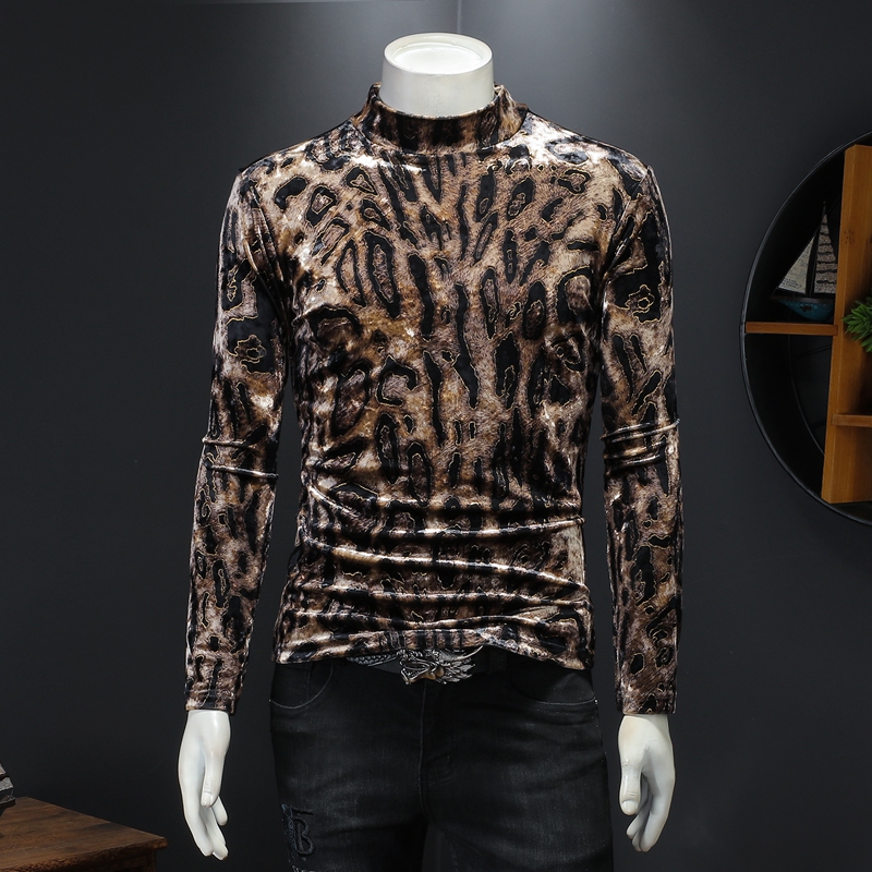 2022 new tops spring and autumn long-sleeved leopard print t-shirt men's cotton trend slim round neck gold velvet letter print stretch bottoming shirt, Extra amount