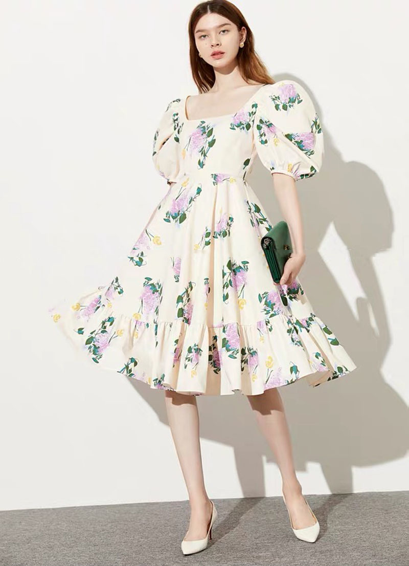 Retro Women Burgundy Dress Vintage Floral Printed Backles Square Collar Puff Sleeve Sexy Lady Midi Dresses Vestidos 210421