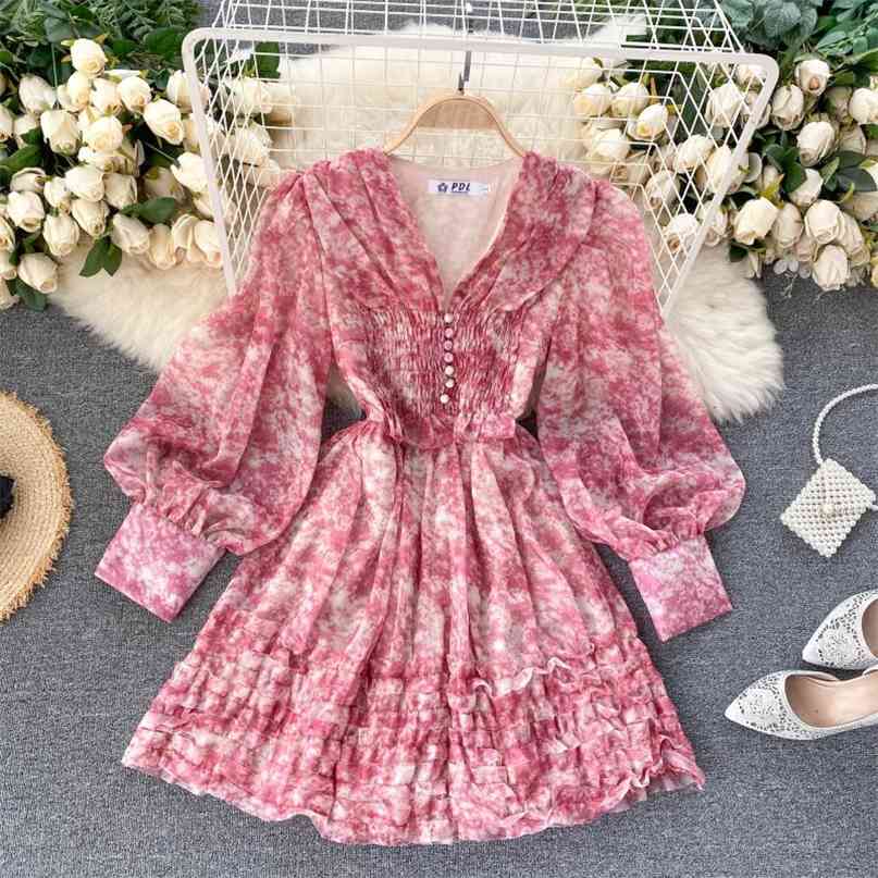 Court Long Sleeve Dress Autumn Women's Fashion V Neck Folds Waist Thin Sweet Wood Ear High Elegant Vestidos P470 210527