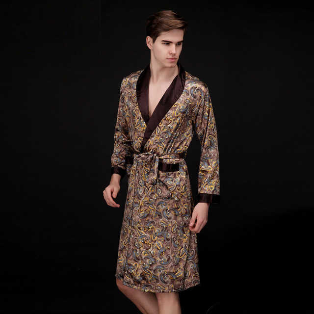 Mens Summer Paisley Print Silk Robes Male Senior Satin Sleepwear Satin Pajamas Long kimono Dressing Gown Bathrobe For Men T200110