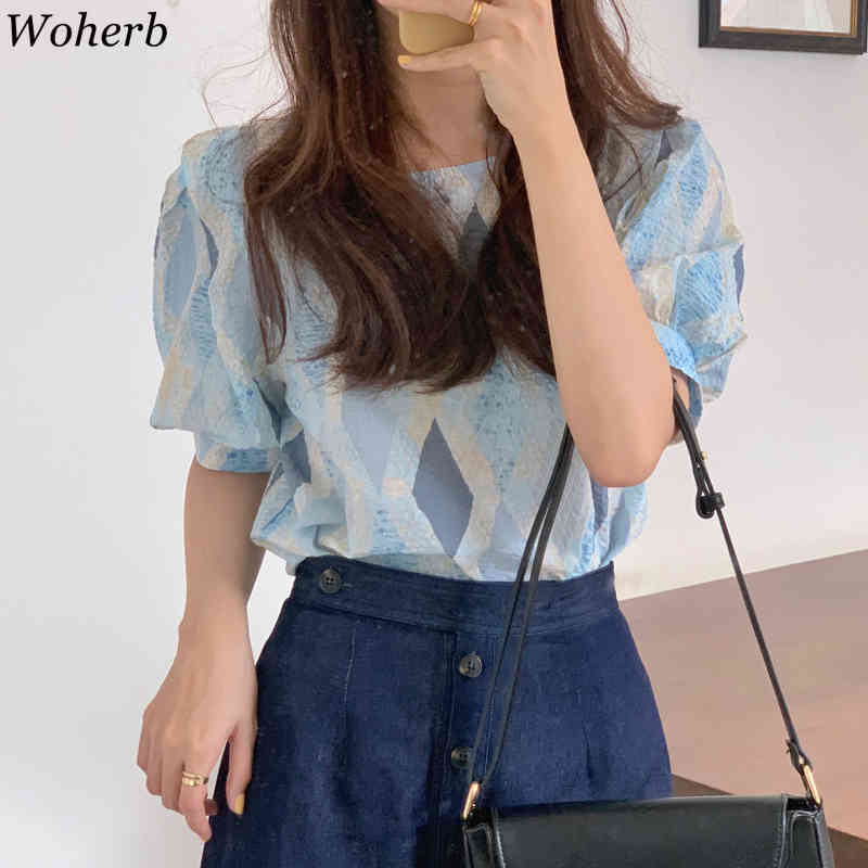 Korean Style Vintage Plaid Puff Sleeve Shirt Loose Office Ladies Blouses Elegant Casual Women Chic Clothing 210519