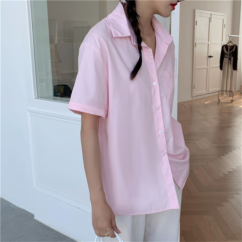 Summer Women Blouses OL Solid Basic Shirt Femme Casual Short Sleeve Fashion Cotton Loose Lapel Work Wear Tops 210421