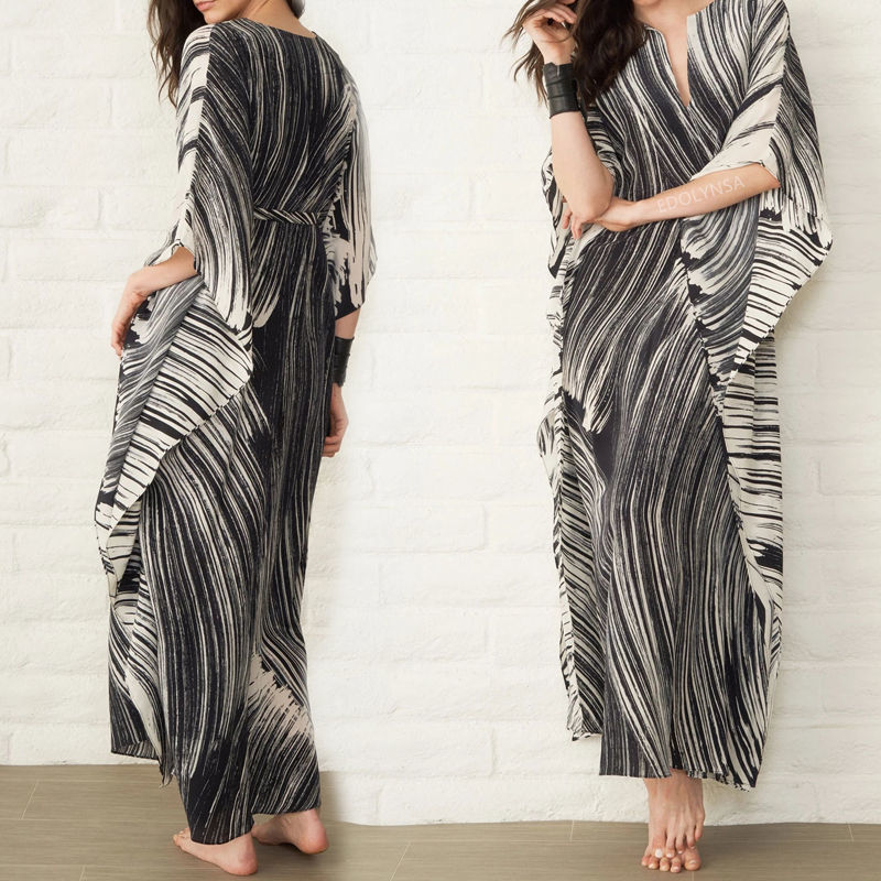 Quick-drying Bikini Cover-ups Black Striped Bats Sleeve Summer Dress Tunic Women Beach Wear Swim Suit Cover Up Q941 210420