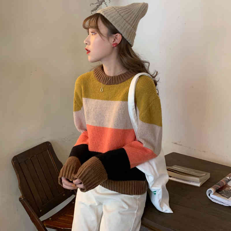 2Colors Autumn Winter Women Pullovers And Sweaters Jumper preppy style stripe thick Warm Female knitted Sweater (C8646) 210423