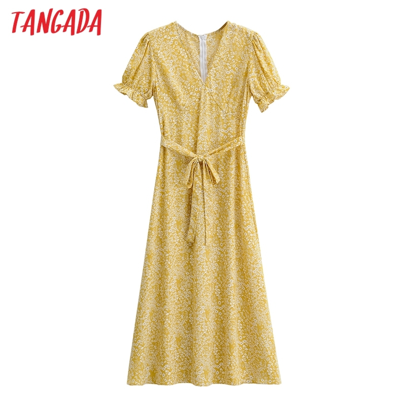 Women Summer Flowers Print V Neck Short Sleeve Ladies Midi Dress 1F92 210416