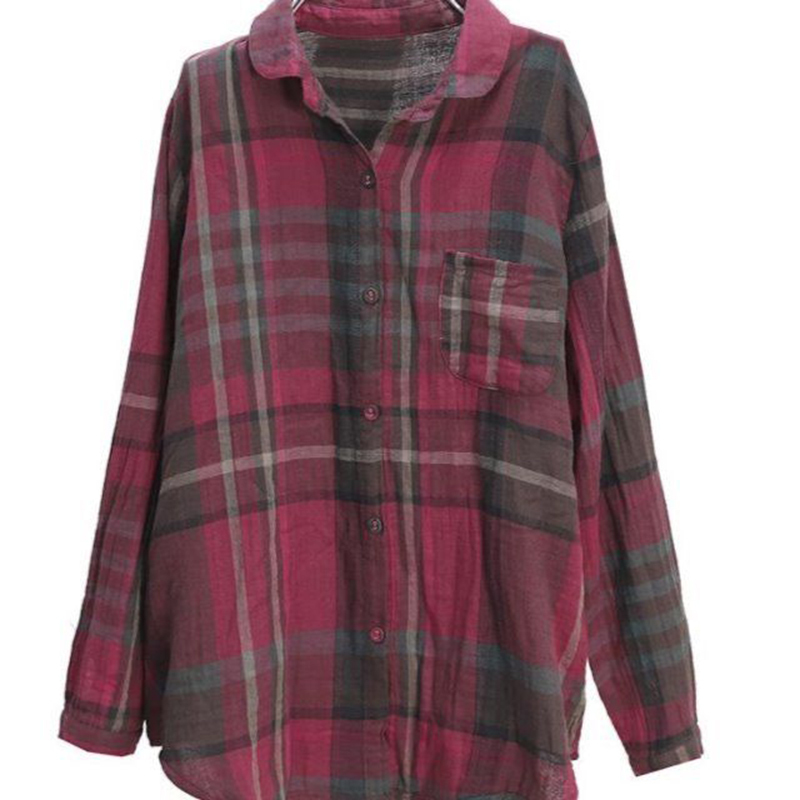 Spring Arts Style Women Long Sleeve Loose Vintage Plaid Shirts All-matched Casual Turn-down Collar Blouse Ladies Tops S661 210512