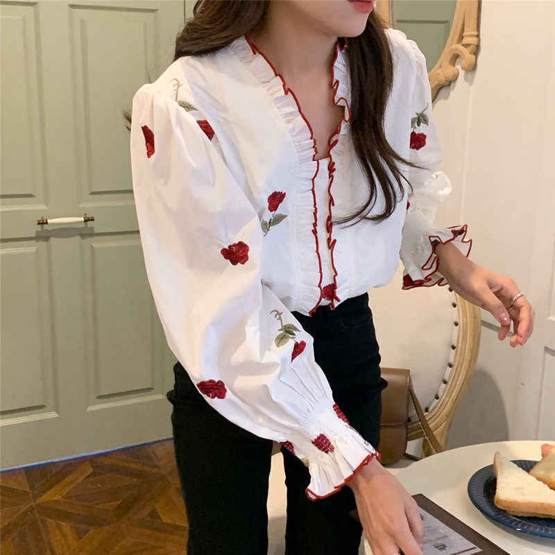 Nomikuma Floral Embroidery Korea Chic Blouse Shirt Causal V-neck Puff Sleeve Women Tops Spring New Camisas Mujer 6G448 210427