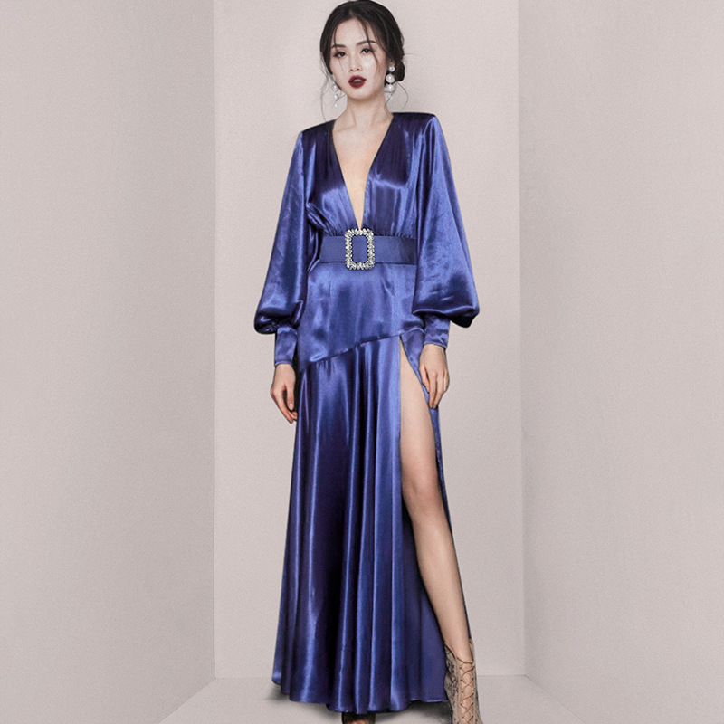 DEAT Women Purple Asymmetrical Sashes High Waist Split Fork Dress New V-Neck Long Sleeve Loose Fashion Tide Summer 7E0389 210428
