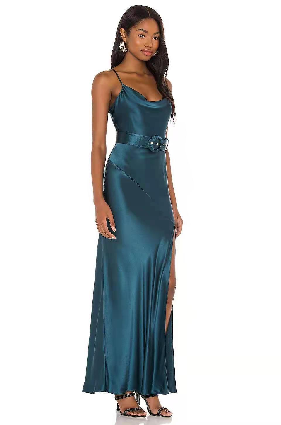 party maxi dress for women slim bodycon high waist camisole spaghetti strap blue satin silky sexy belt dresses lady robe 210421