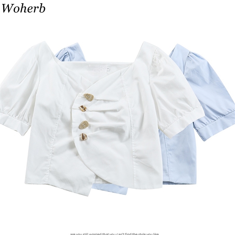 Shirts Women Irregular Square Collar Buttons Blouses Puff Short Sleeve Crop Tops Korean Chic Elegant White Blusas Mujer 210519
Shirts Women Irregular Square Collar Buttons Blouses Puff Short Sleeve Crop Tops Korean Chic Elegant White Blusas Mujer 210519