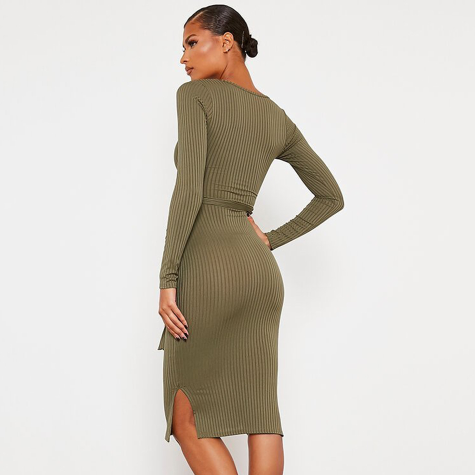Free Women's Green Striped Dresses Square Neck Long Sleeve Split Bodycon Tie Dress Club Night Party Vestidos 210524