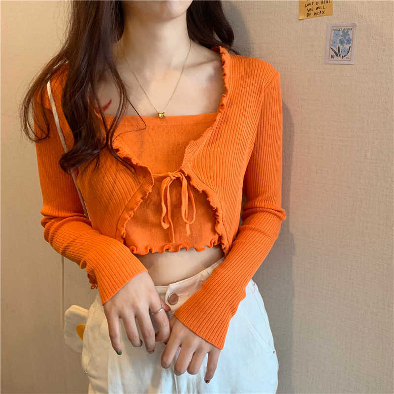 Womens Cardigan s Sets Knitted Sweater Korean Clothing Lace Up Cardigans Thin Slim Crop Tops Pullover 211018