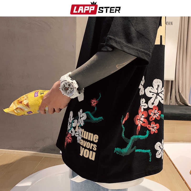 LAPPSTER Men Japanese Streetwear Crane Shirt Summer Mens Harajuku Black Shirts Male White Korean Loose ees Plus Size 210629