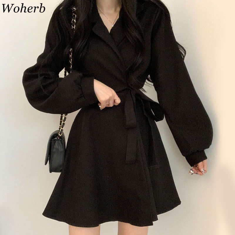Lantern Sleeve Black Dress Women High Waist Hip A-line Vestidos Mujer Slim Fit Lace-up Bow Temperament Dresses 4l064 210519