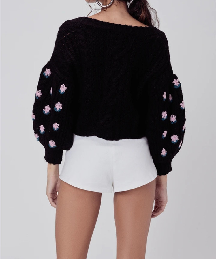 Stylish Women Puff Sleeve Hand Crochet Cardigan Streetwear V neck Long sleeve Knitted Cropped Sweater Yellow Black Korea Clothes 210429