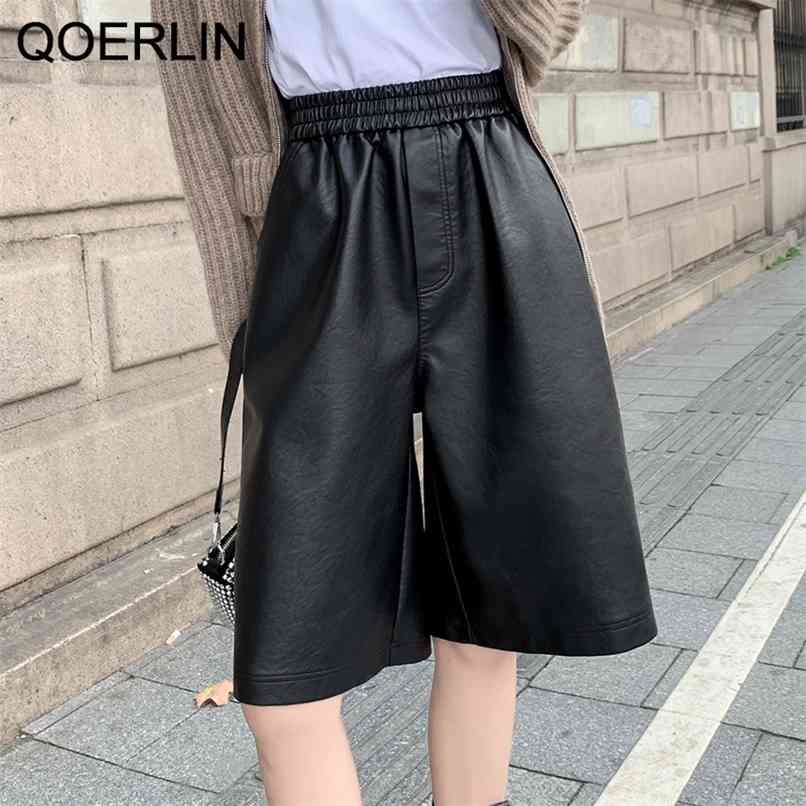 S-3XL Autumn PU Leather Shorts Women's Casual High Waist Wide Leg Half Trousers Korean Outerwear Loose Straight 210601