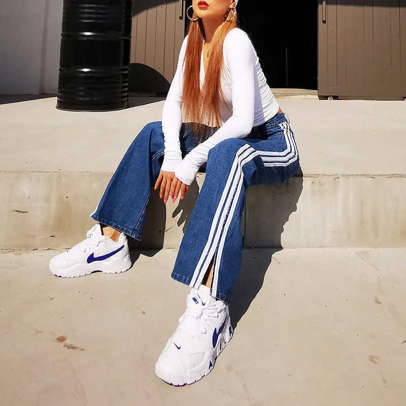 Casual Loose Side Stripes Split Straight Jeans Women Spring All-match Denim Pants Fashion Elegant High Waist Bottoms 210525