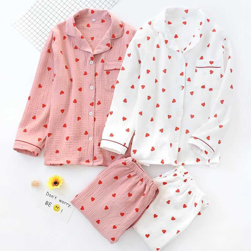 Cotton Crepe Heart Print Women Pajamas Thin Sleepwaer Pyjamas Women Soft Loose Pajama Set Casual Long Sleeve Pijamas Suit 210924