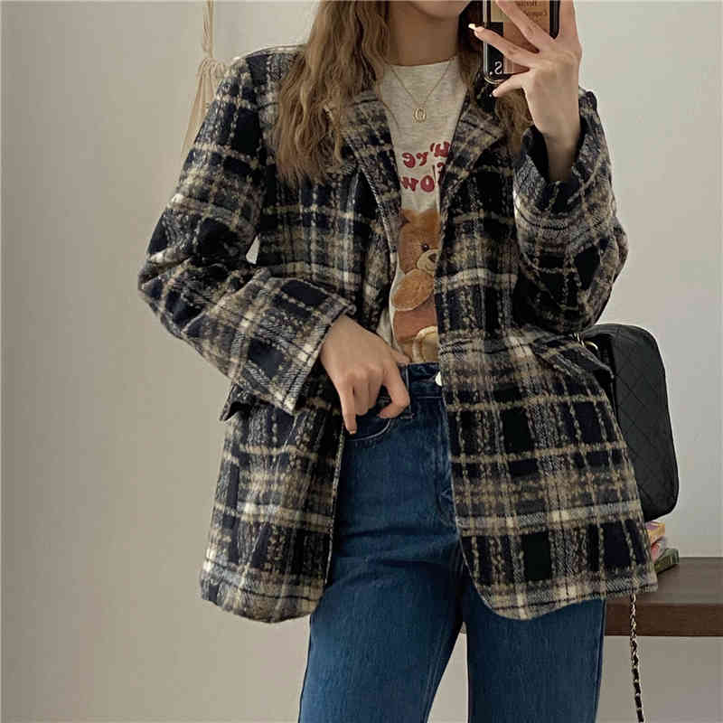 Plaid Office Lady Color-Hit Coats Stylish Women Arrival All Match OL Streetwear High Quality Jackets Blazers 210421