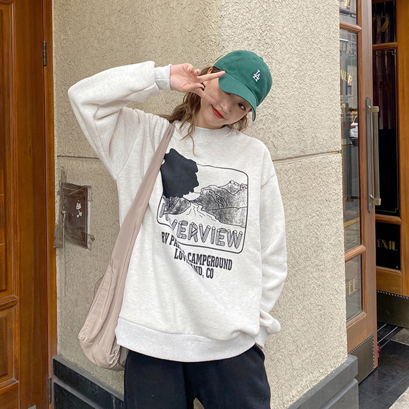 autumn winter korean style Women grey Sweatshirts Long Sleeve letter print thick Sweatshirt Womens pullovers (F4129) 210423