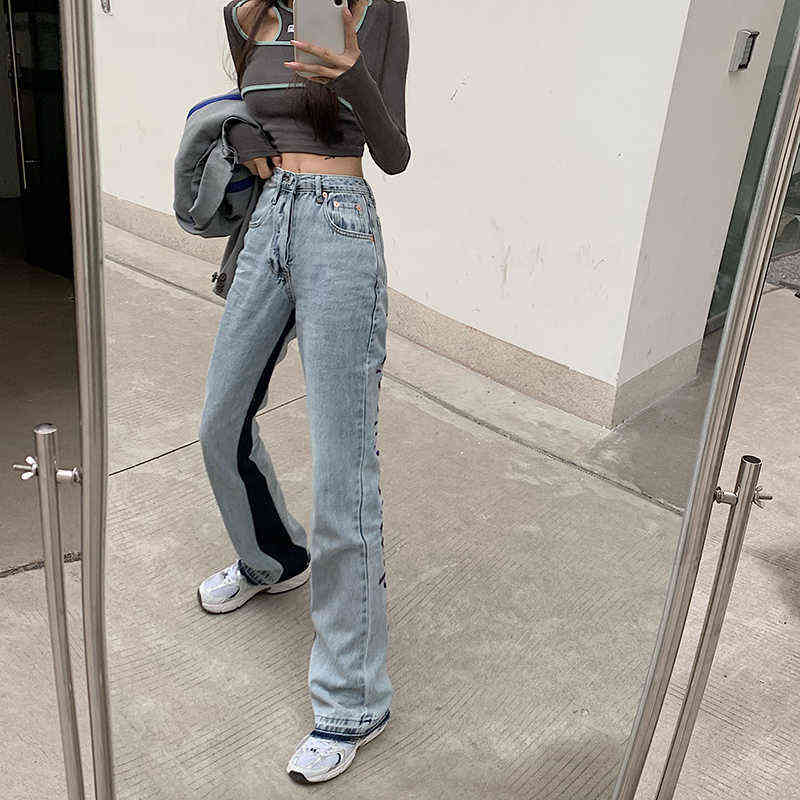 European Spring Autumn Denim Back Letters Embroidery Thin Loose High-waisted Jeans Straight Pants Women Fashion Streetwear 211112