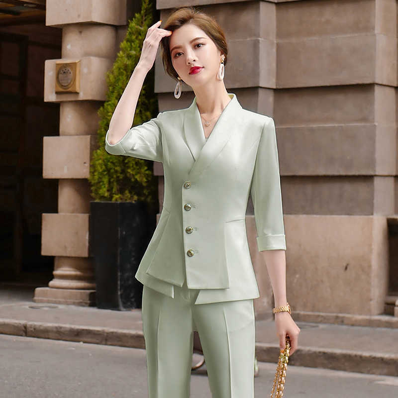 High Quality Casual Women's Suit Pants Two Piece Set summer elegant ladies white blazer jacket business attire 211118