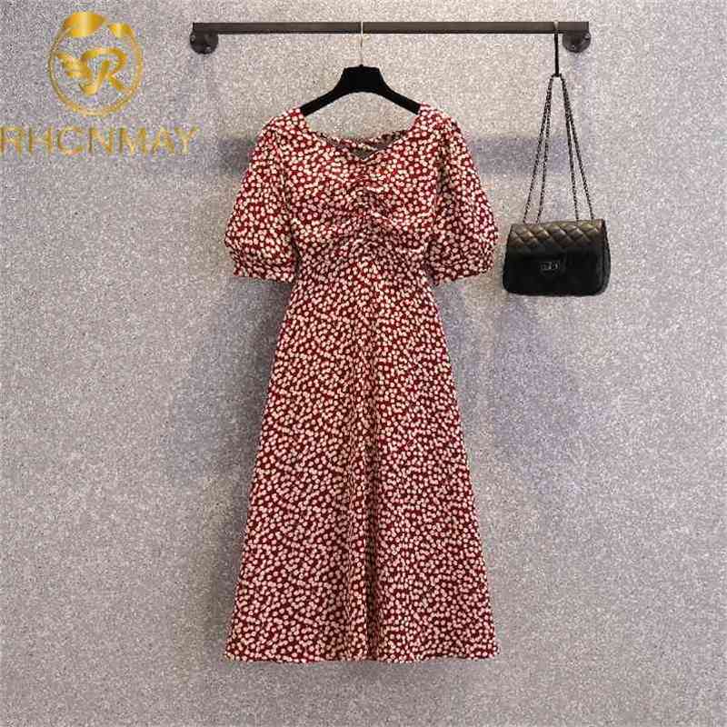 Korea Women Dresses Summer French Sweet Temperament Female Puff Sleeves V-Neck Waisted Gentle Floral Chiffon Dress Vestido 210506