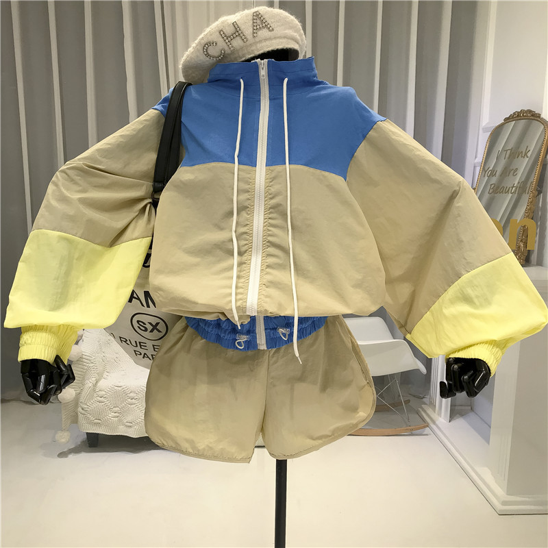 Summer Lantern Sleeve Contrast Color Jacket Stand Collar Coats + High Waist Shorts Female Women Clothing 2 Piece Set 210506